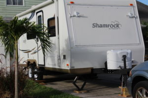 Camper parked on a hill, camping safety, wheel chocks
