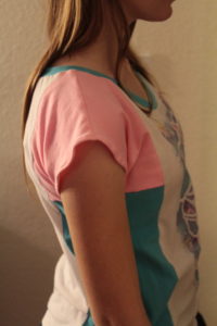 Side view finished color blocked upcycled dolman