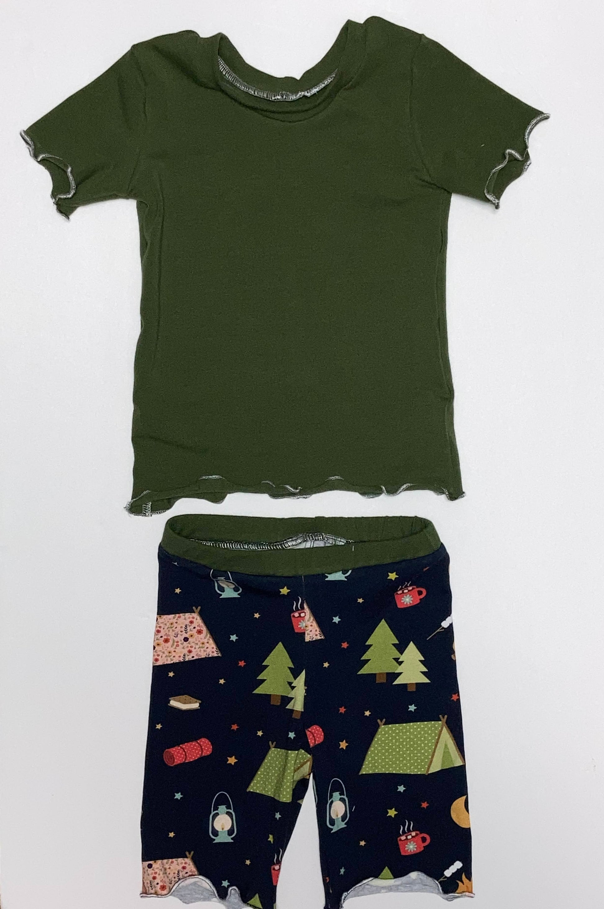 two piece shortie pajamas, olive green short sleeved shirt, campfire cutie shorties