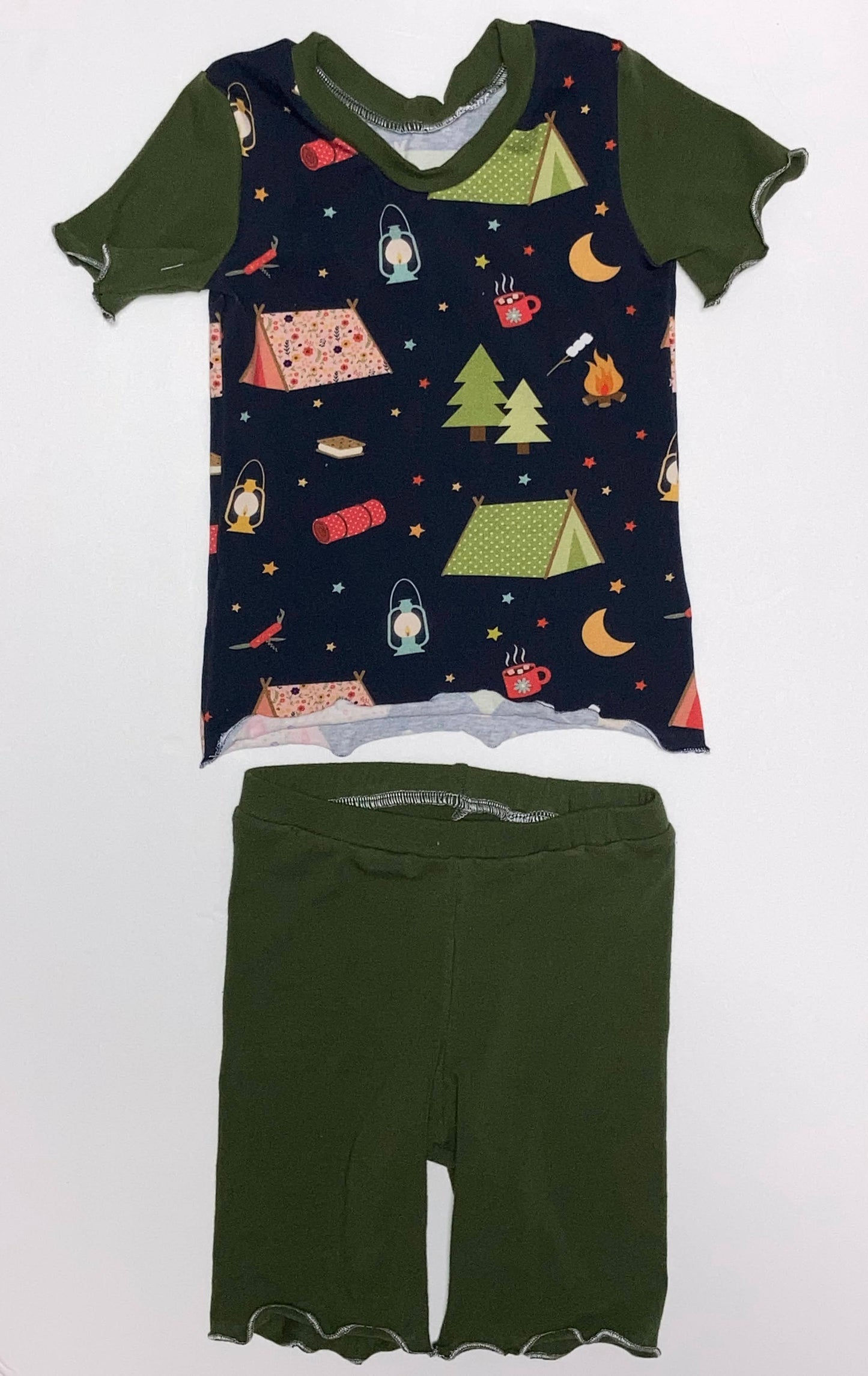 two piece shortie pajamas, olive green shorties, campfire cutie short sleeved shirt